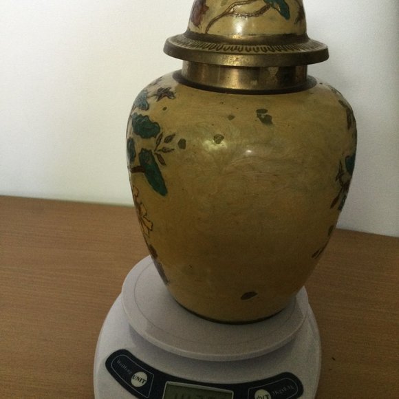 Vintage solid brass enameled jar Urn with lid 9.5" tall 5.5" wide flower heavy - Picture 8 of 8